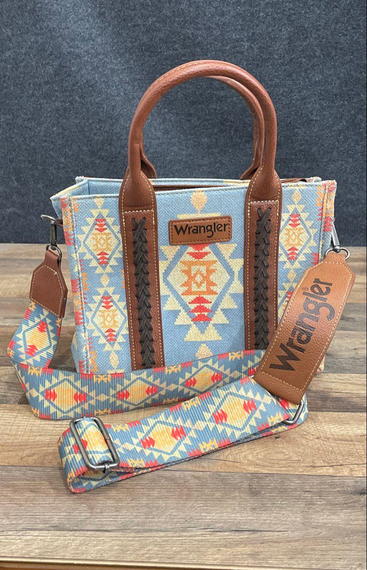 Wrangler Aztec Southwestern Canvas Tote Bag Crossbody Blue Guitar Strap