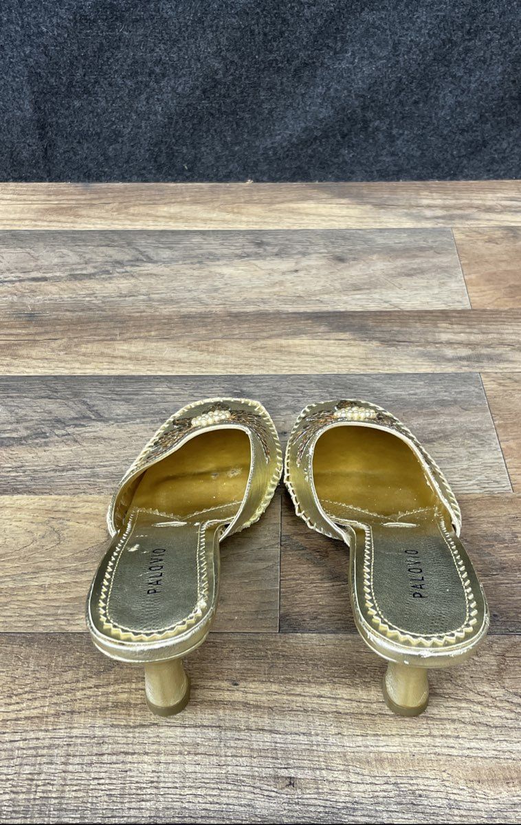 Palovio Metallic Gold Sequin Floral Heeled Mules Women's Size 8.5