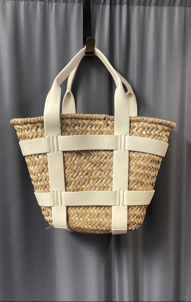 House of Harlow 1960 Cream & Natural Rattan Woven Basket Tote Bag Small
