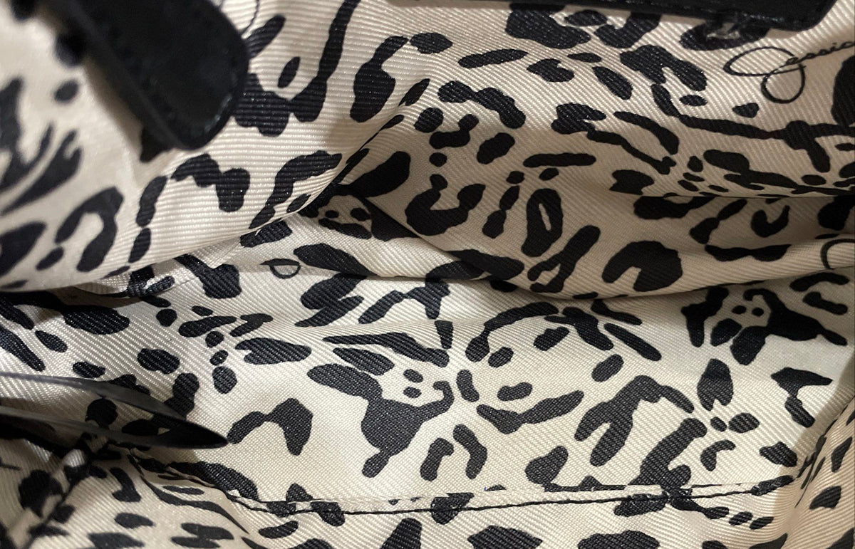 Jessica Simpson Black Leather Crossbody Bag Gold Chain Accent Leopard Interior