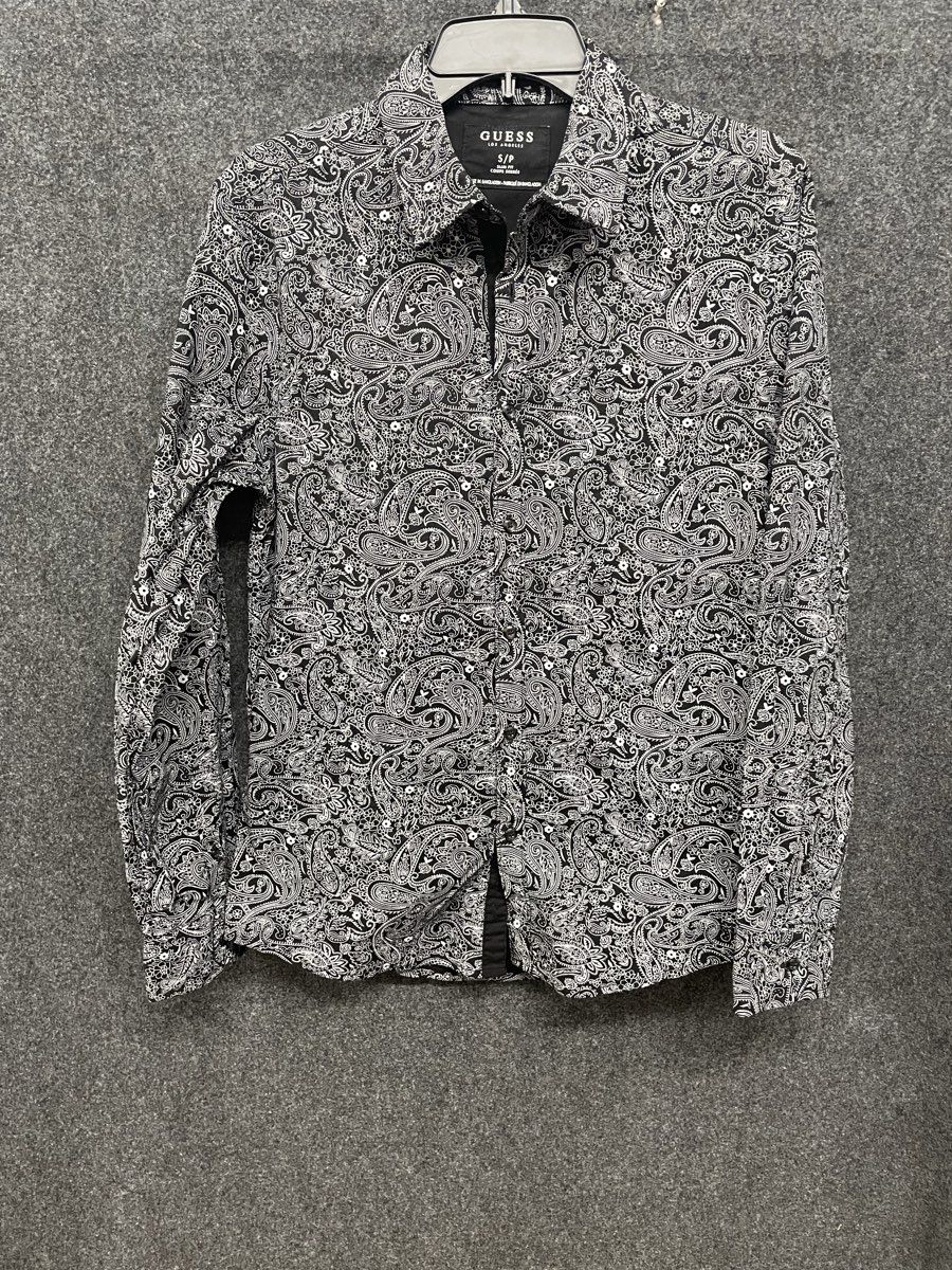 Guess Men's Eco Black White Paisley Slim Fit Long Sleeve Button Down Shirt Sz S