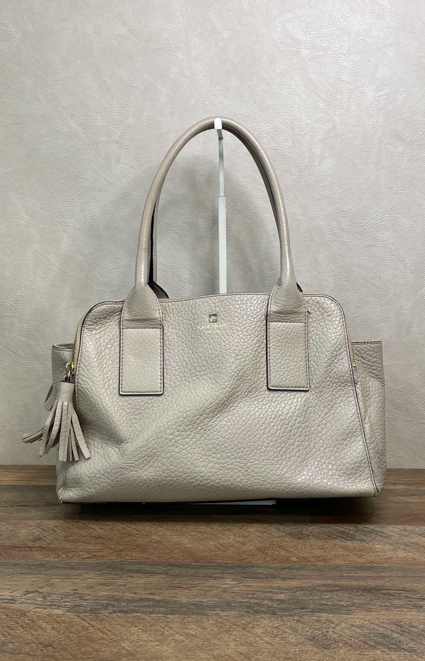 Kate Spade Grey Pebbled Leather Tassel Satchel Tote Bag Gold Hardware