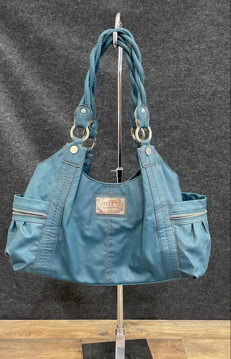 Relic Teal Faux Leather Braided Handle Shoulder Bag Large Quilted Side Pockets