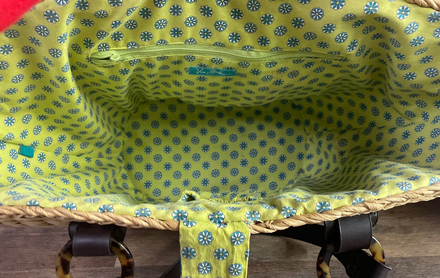 Vera Bradley Woven Straw Paisley Fabric Tote Bag Teal Green Large Shoulder Bag