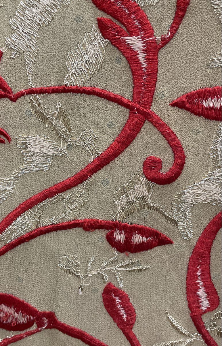 Women's Beige Red Gold Floral Embroidered Mirror Sequin Open Front Long Tunic