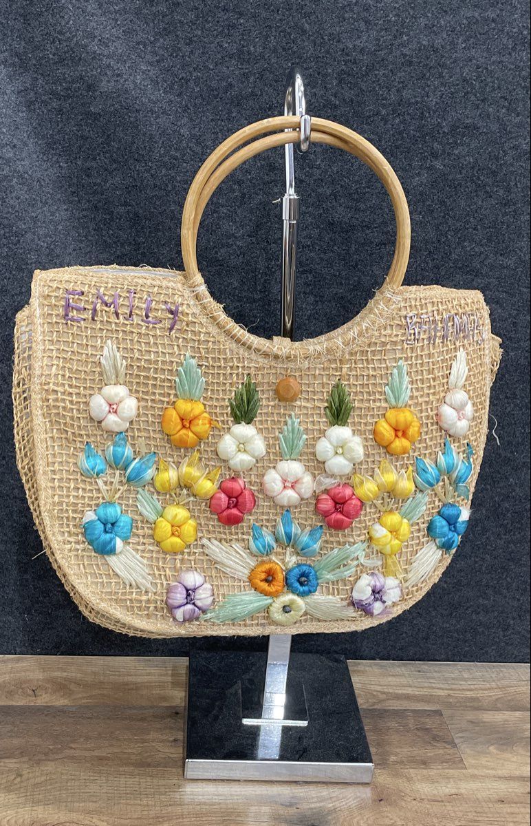 Vintage Pride of the Bahamas Woven Straw Raffia Floral Tote Handbag Emily