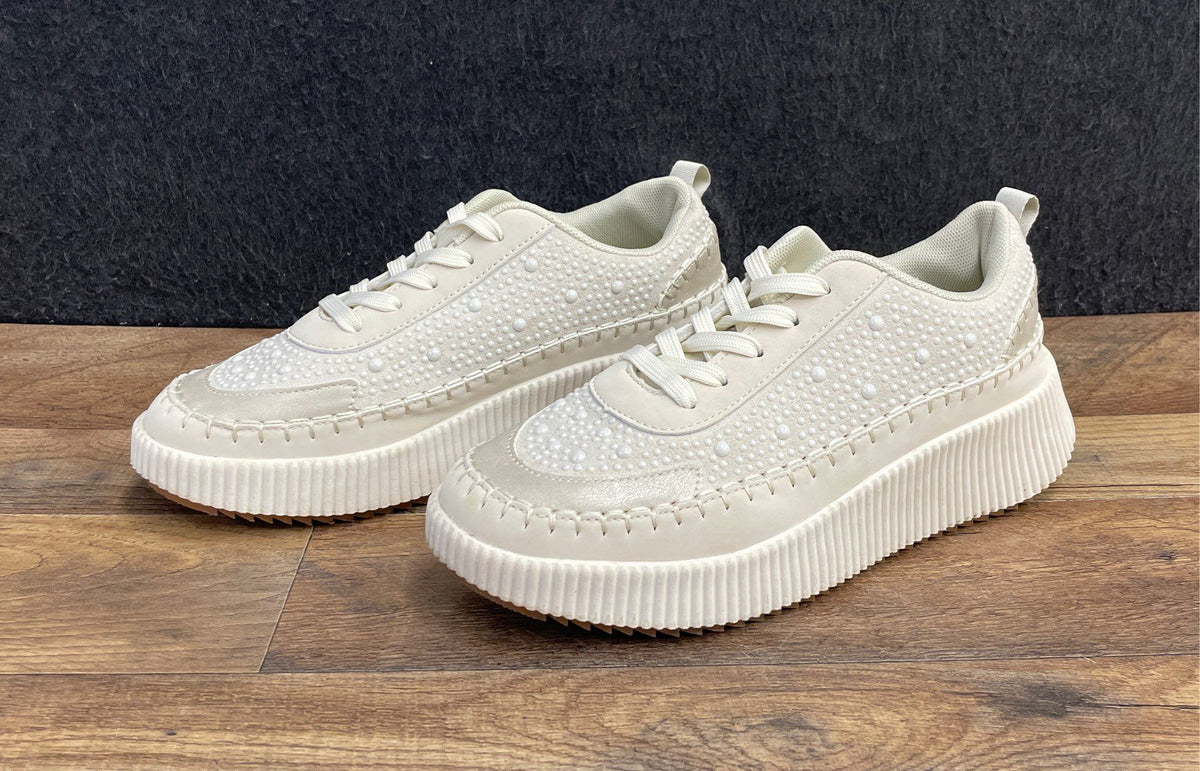 Nicole Miller New York Beaded Cream Platform Fashion Sneakers Women's Size 8.5