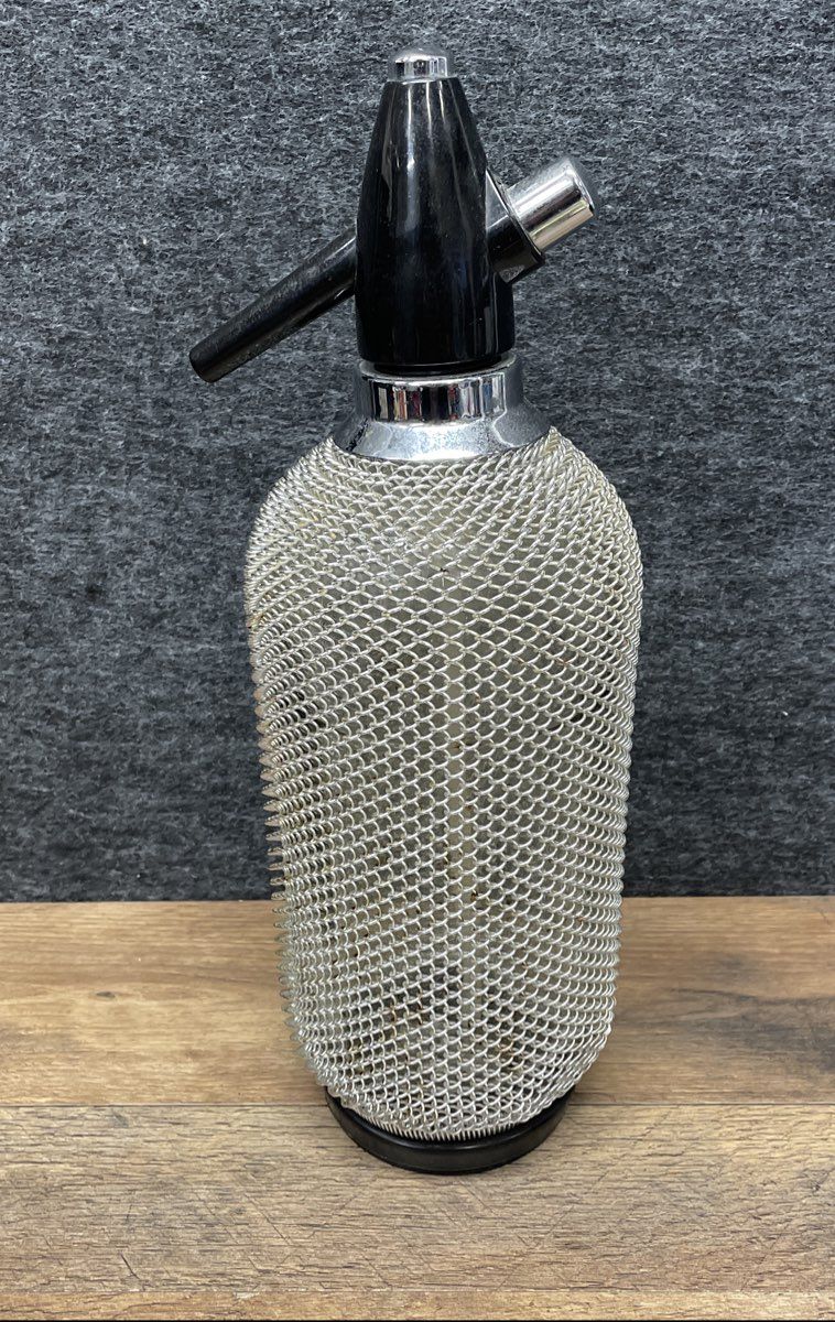 Vintage Mid-Century Seltzer Bottle Soda Siphon Wire Mesh Glass Barware
