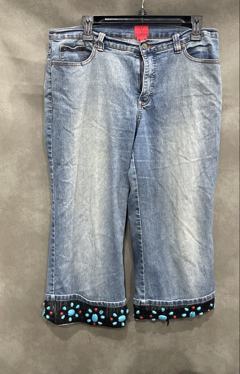 Vintage Y2K Cristina Women's Light Wash Beaded Turquoise Cropped Jeans Sz P10