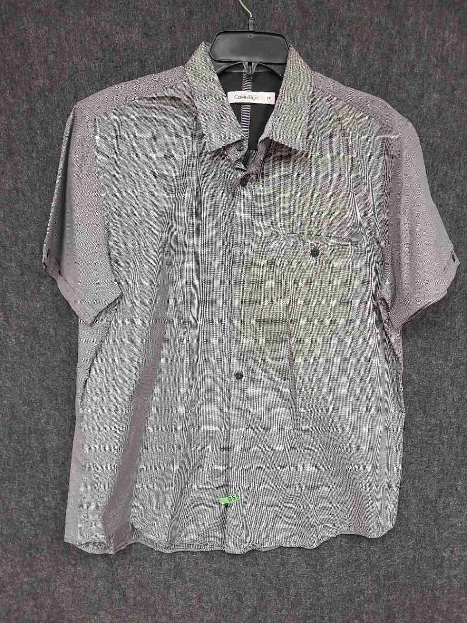 Calvin Klein Men's Short Sleeve Button Down Shirt Gray Cotton Micro Check Sz L