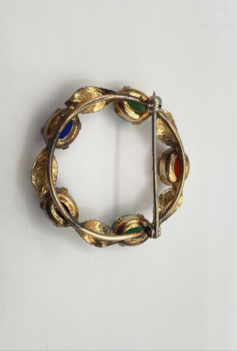 Gold Tone Multicolor Scarab Semi-Precious Stones Wreath Brooch Pin 4.5g *NPM*