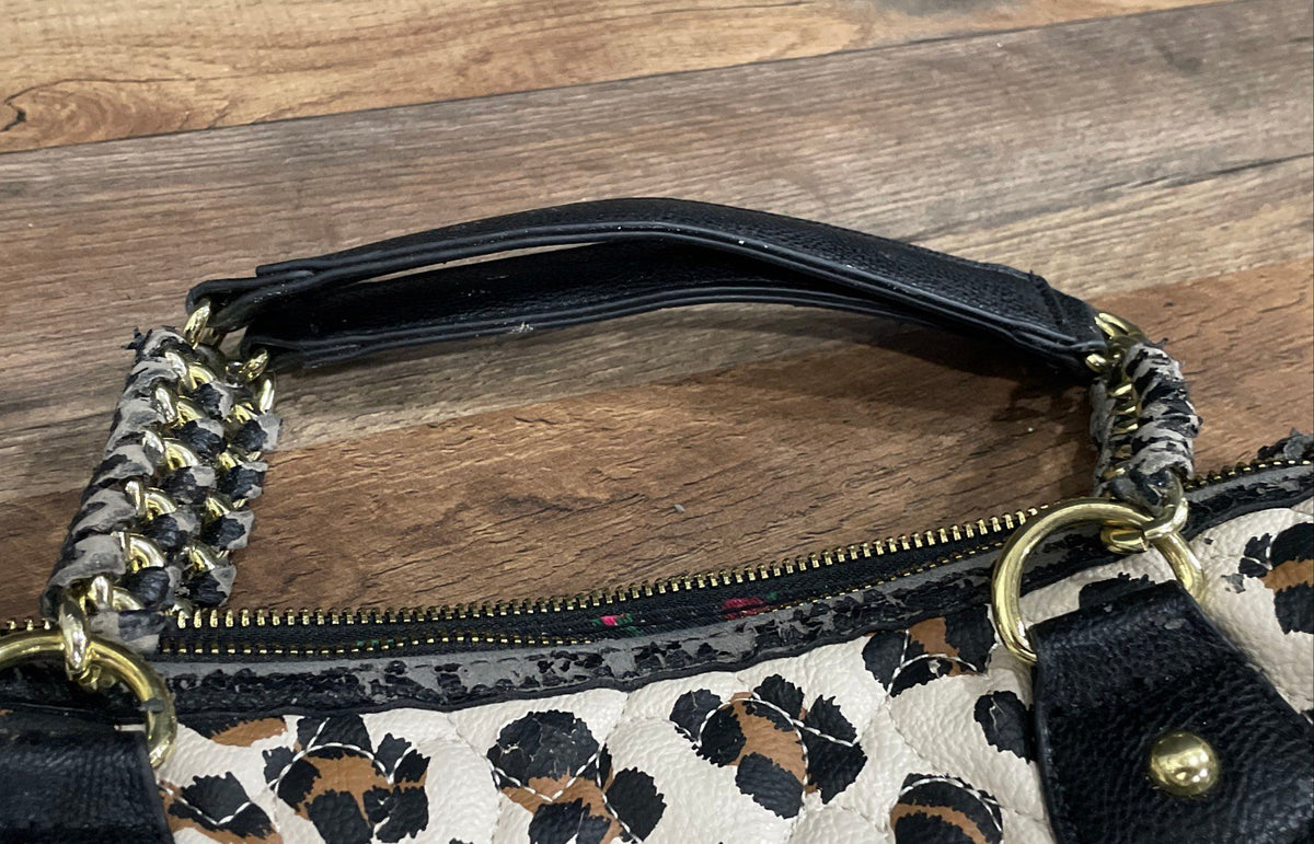 Betsey Johnson White Leather Leopard Quilted Satchel Bag Gold Hardware