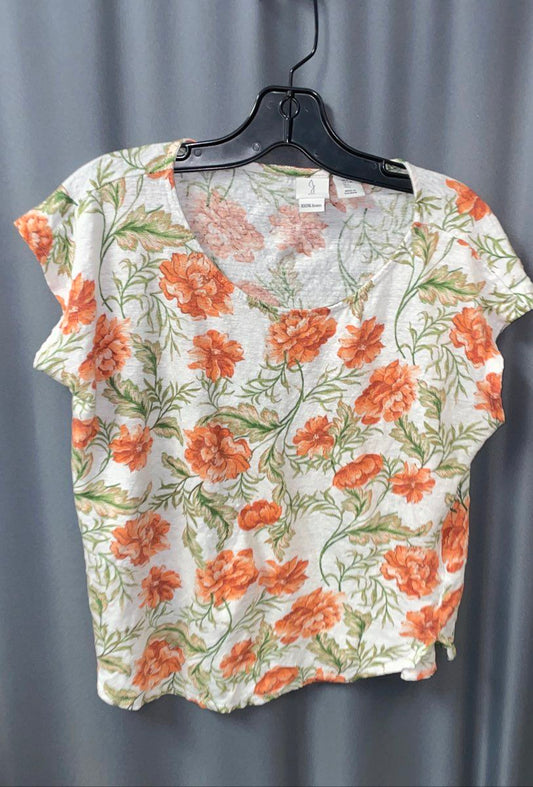 Joie Women's White Orange Floral Print 100% Linen Short Sleeve Top Sz L