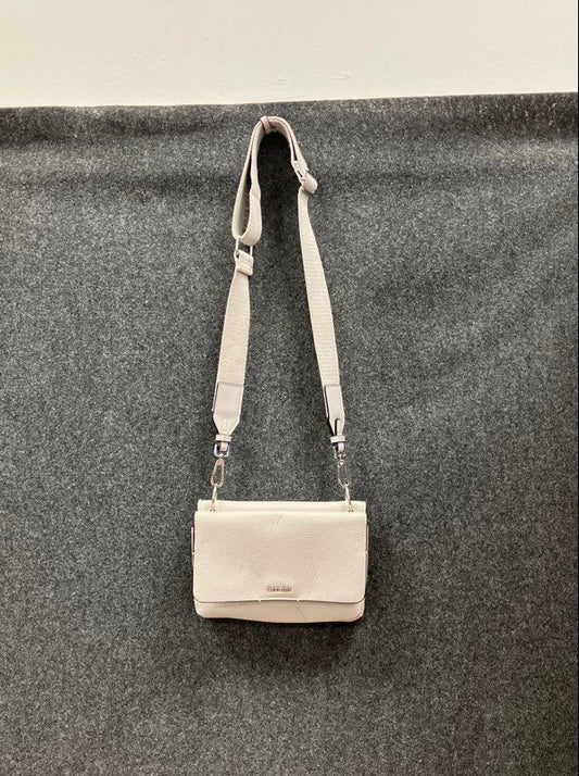 Calvin Klein Cream Pebbled Leather Crossbody Shoulder Bag Silver Tone Hardware