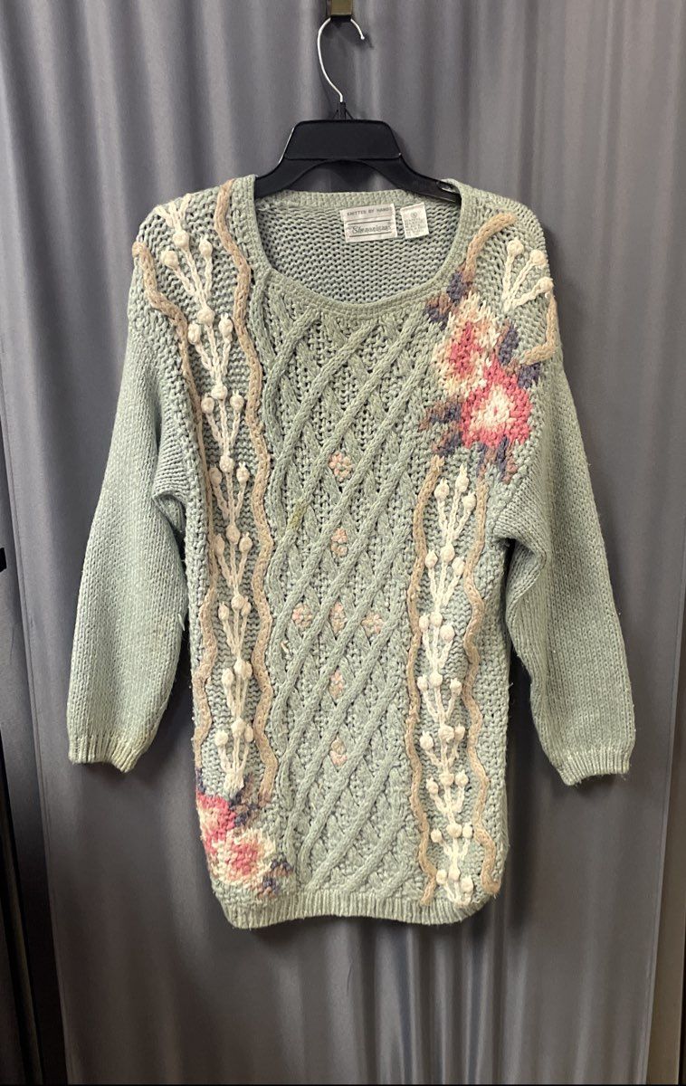 Vintage 90s Shenanigans Women's Sea Foam Floral Hand Knit Sweater Dress Sz S