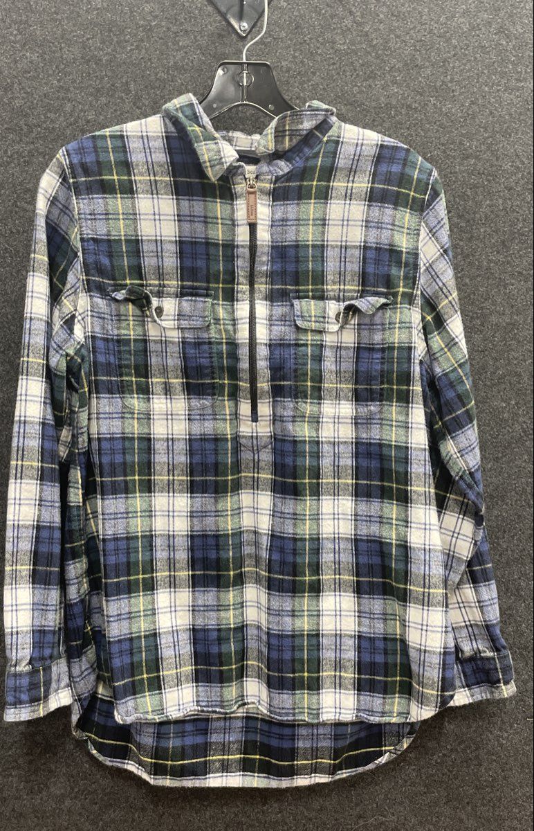 L.L.Bean Men's 1/4 Zip Pullover Flannel Shirt Blue Green Plaid Relaxed Fit Sz M