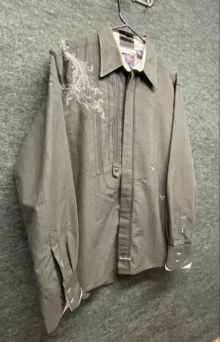 English Laundry Men's Gray Embroidered Paisley Pleated Bib Button Up Shirt XL
