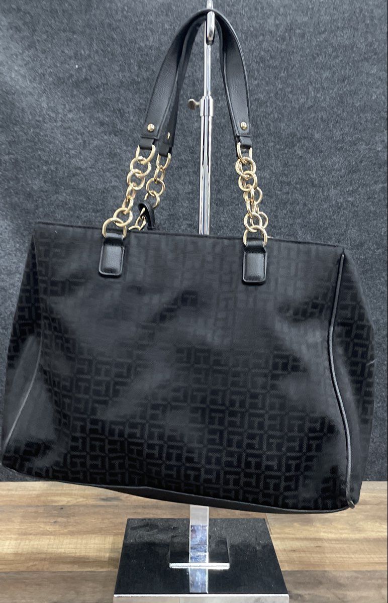 Tommy Hilfiger Black Monogram Tote Bag Gold Chain Hardware with Pouch