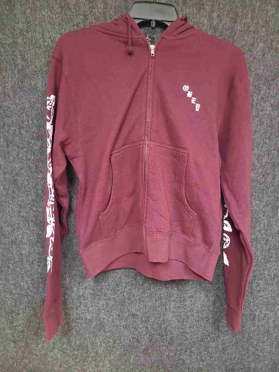 Obey Men's Burg Olde Rose Full Zip Graphic Sleeve Hoodie Dark Red NWT Sz S