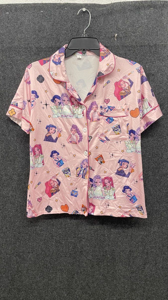 Huntrix K-Pop Demon Hunters Women's Pink Pajama Top Short Sleeve Button Up Sz S