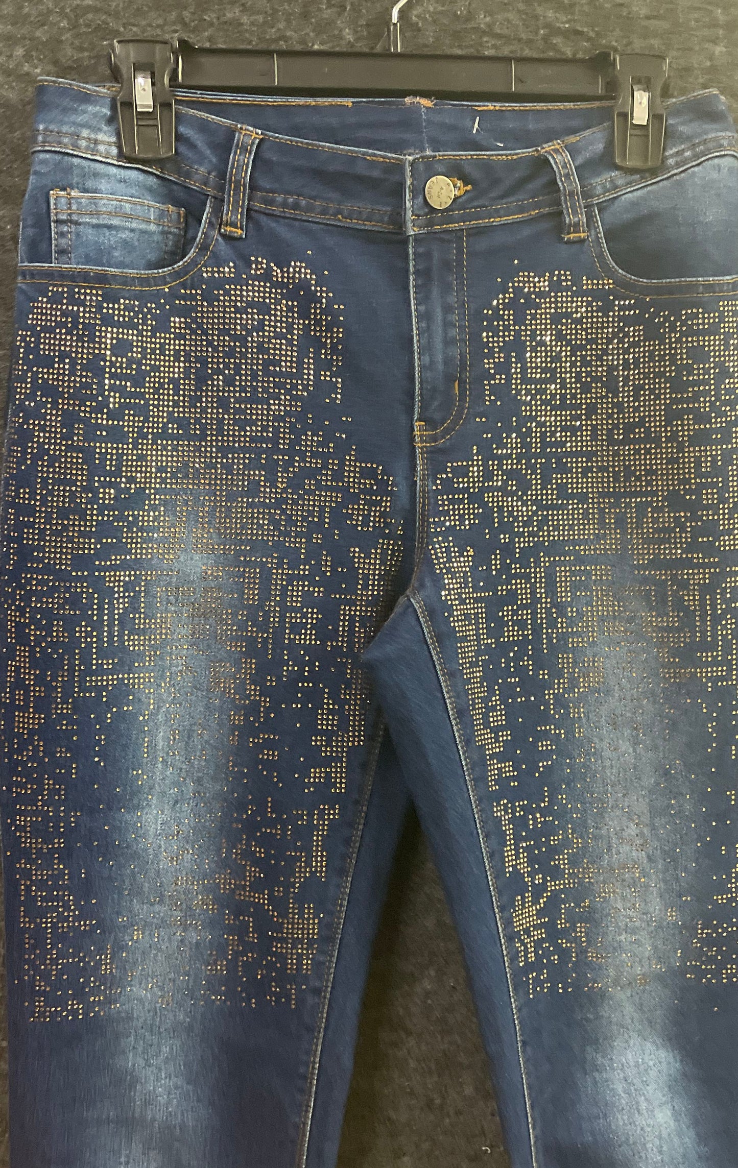 AZI Women's Dark Blue Gold Studded Embellished Skinny Denim Jeans Sz 8