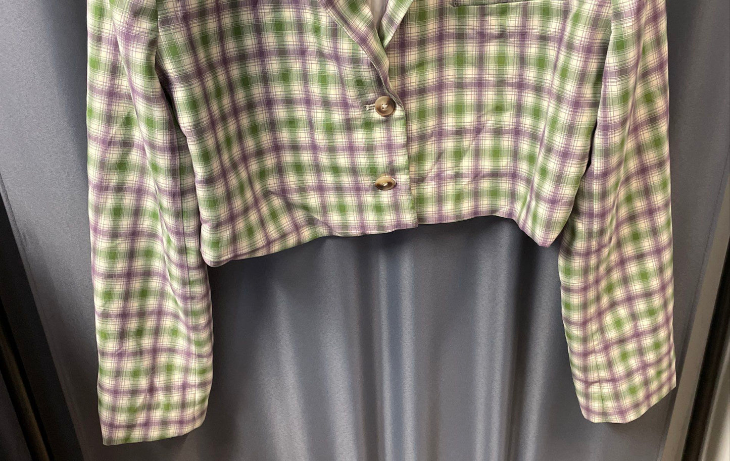 Collusion Women's Green Purple Plaid Cropped Blazer Jacket Size 8