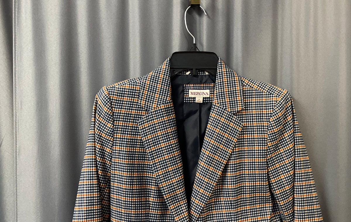 Merona Women's Blue Tan Plaid Wool Blend Blazer Jacket Sz 2