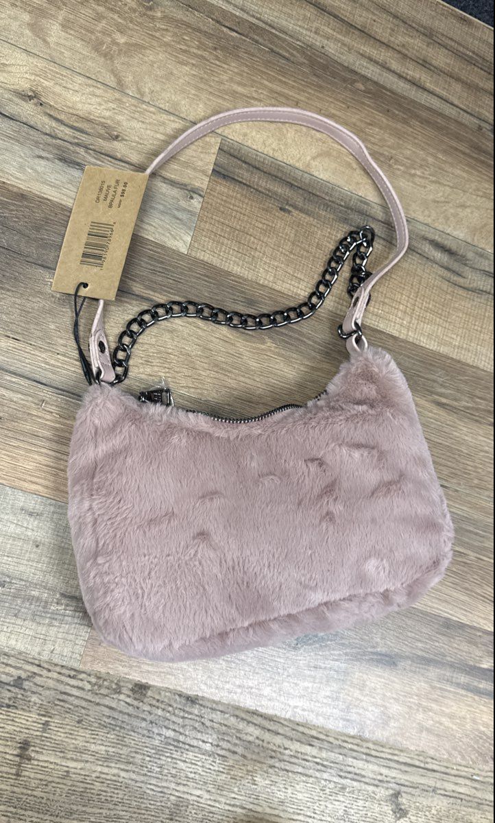 Steve Madden Mauve 2020s BPaula Fur Faux Fur Shoulder Bag NWT Gunmetal Chain