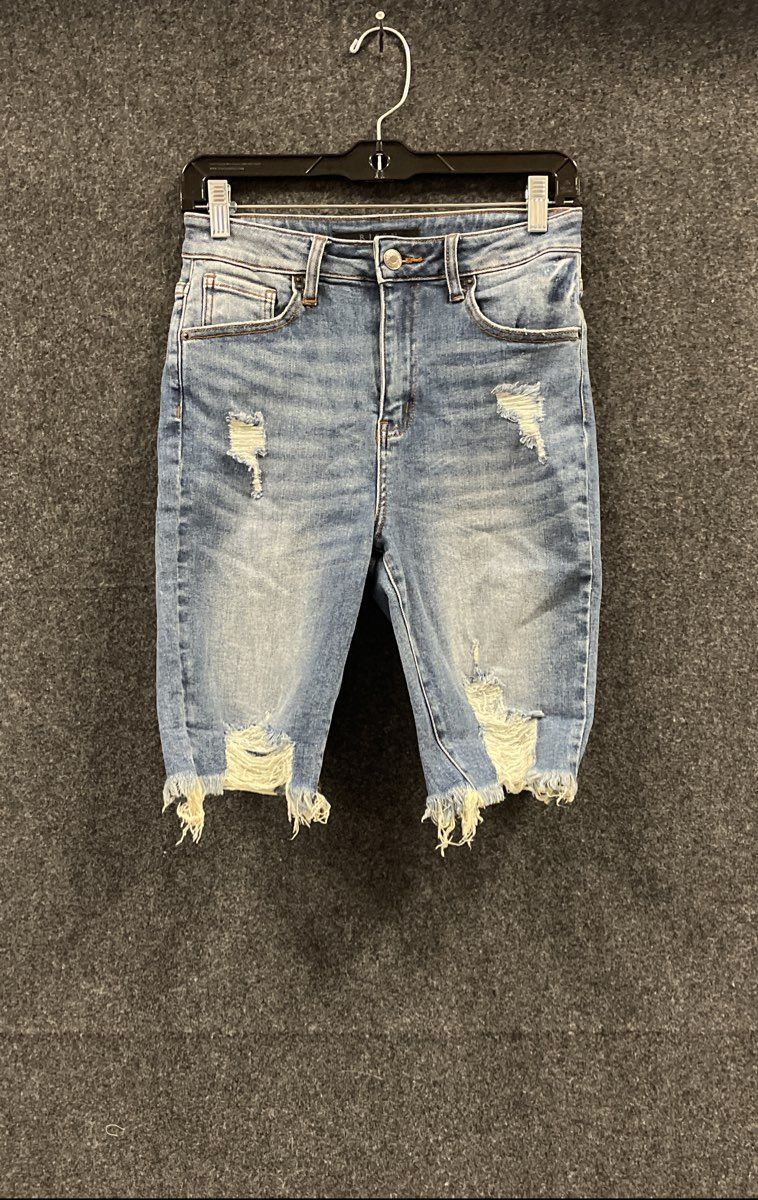 Risen Women's Blue Distressed Raw Hem Bermuda Denim Shorts Sz Small