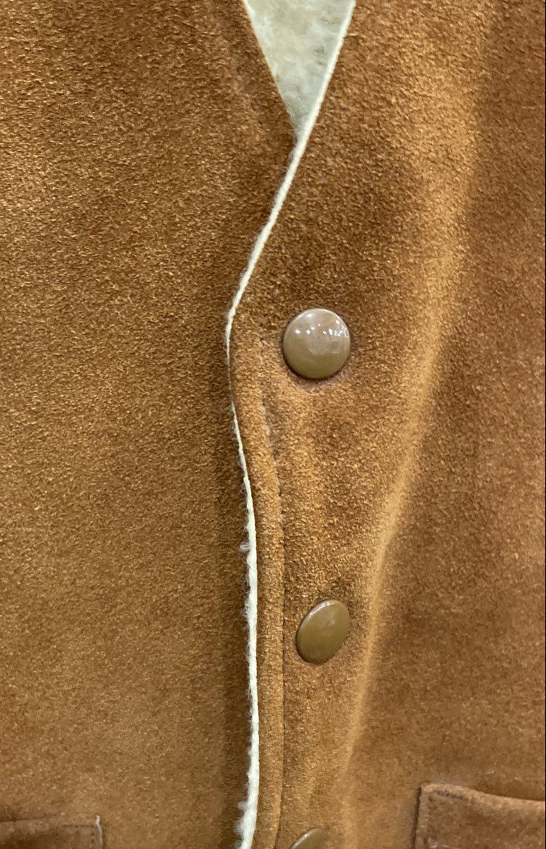 Vintage 80s JFS Men's Tan Suede Sherpa Lined Western Rancher Vest Made in U.S.A.