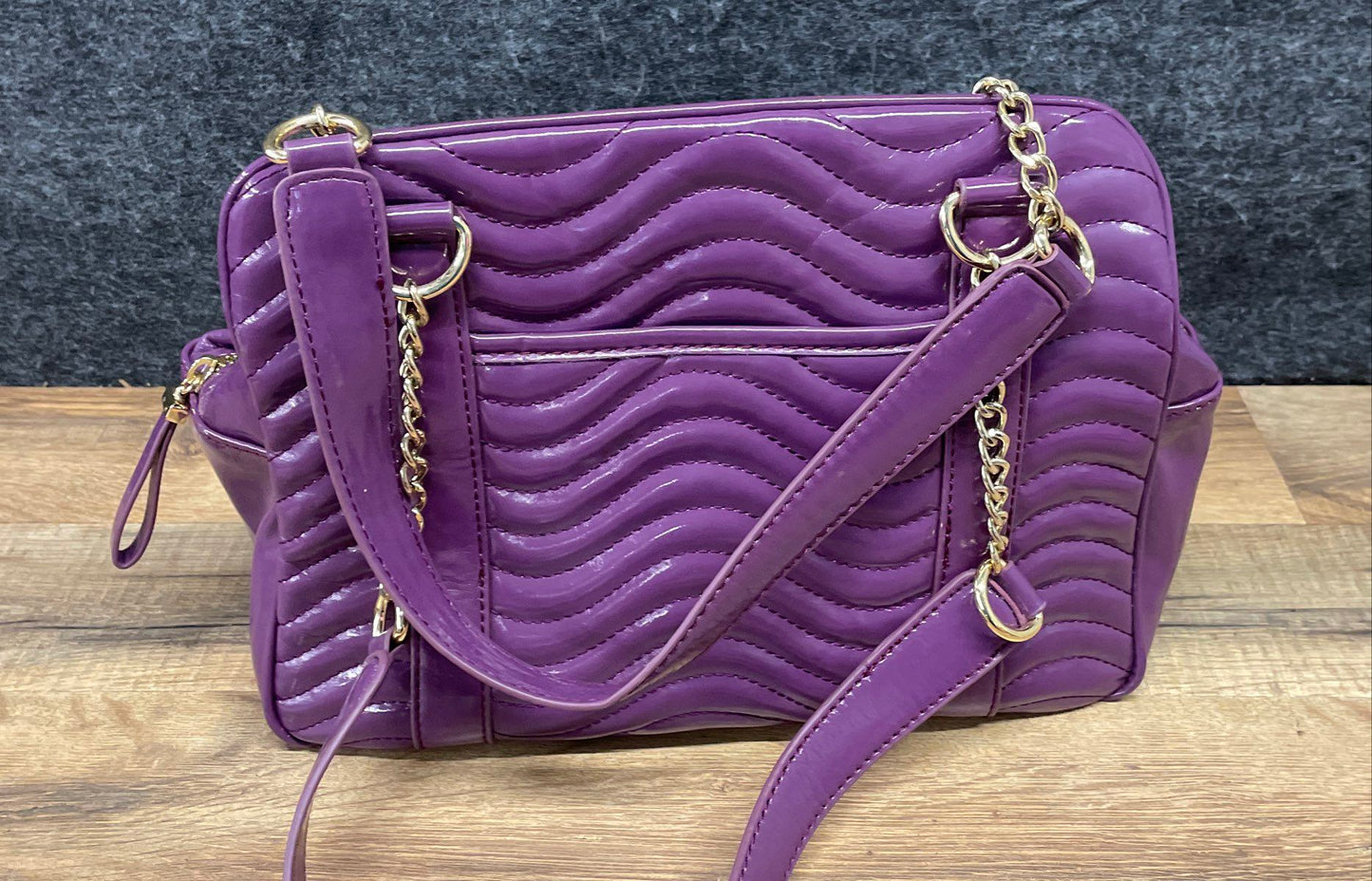 Kate Landry Purple Wavy Quilted Patent Satchel Bag Gold Hardware