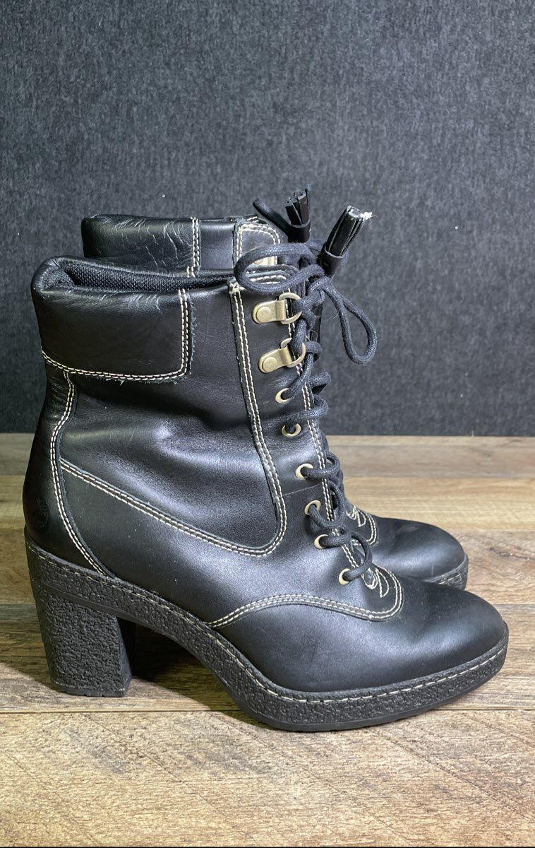 Timberland 63647 Black Leather Block Heel Lace Up Boots Women's Size 7M