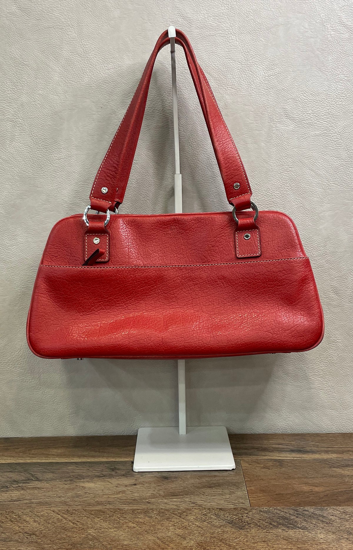 Kate Spade Red Pebbled Leather Shoulder Bag Handbag Silver Hardware