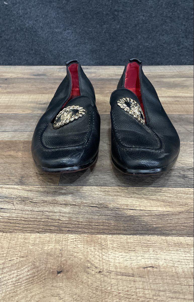 Black Pebbled Lion Head Red Bottom Slip-On Loafer Dress Shoes Men's Size 9