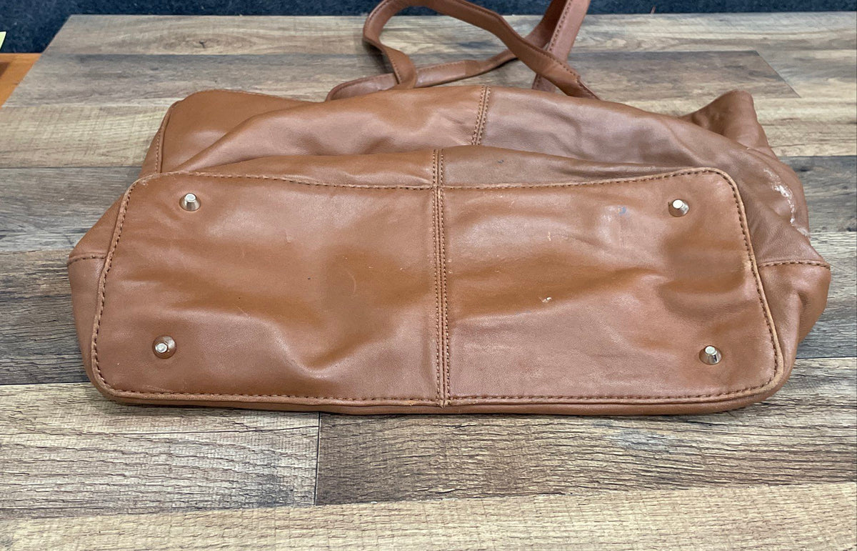 DKNY Brown Leather Large Tote Bag Silver Hardware Front Zip Pocket