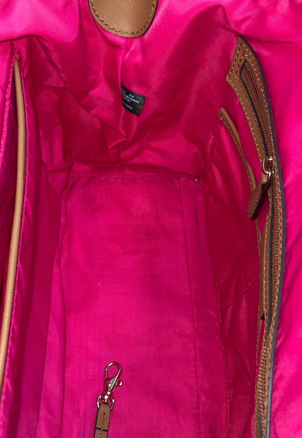 Michael Kors Hot Pink Nylon Tote Bag Brown Leather Trim Gold Hardware