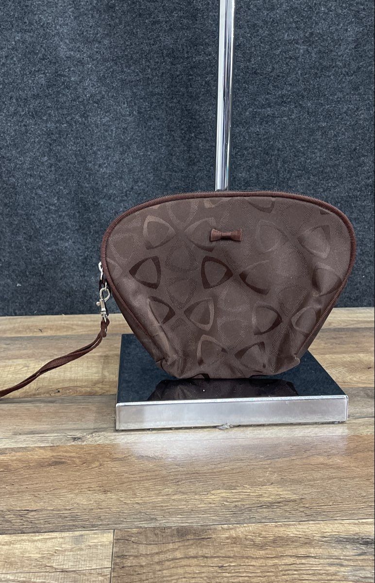 Liz Claiborne Brown Fabric Geometric Pattern Bow Wristlet Pouch Money Bag
