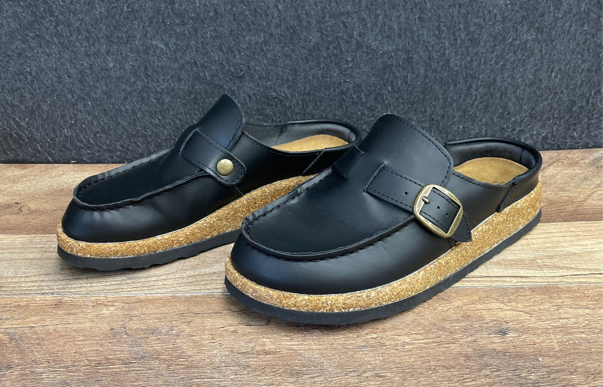 Project Cloud Black Genuine Leather Buckle Loafer Mule Clogs Women's Size 6.5
