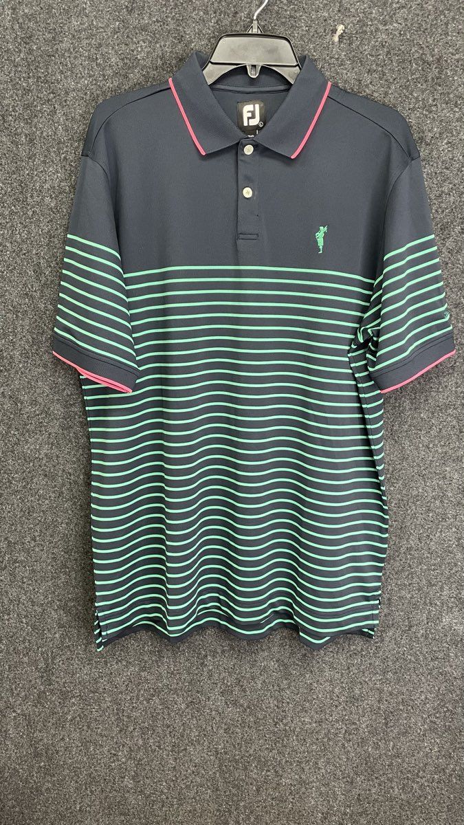 FootJoy Men's Polo Shirt Navy Blue Green Striped Spanish Bay Performance Sz L