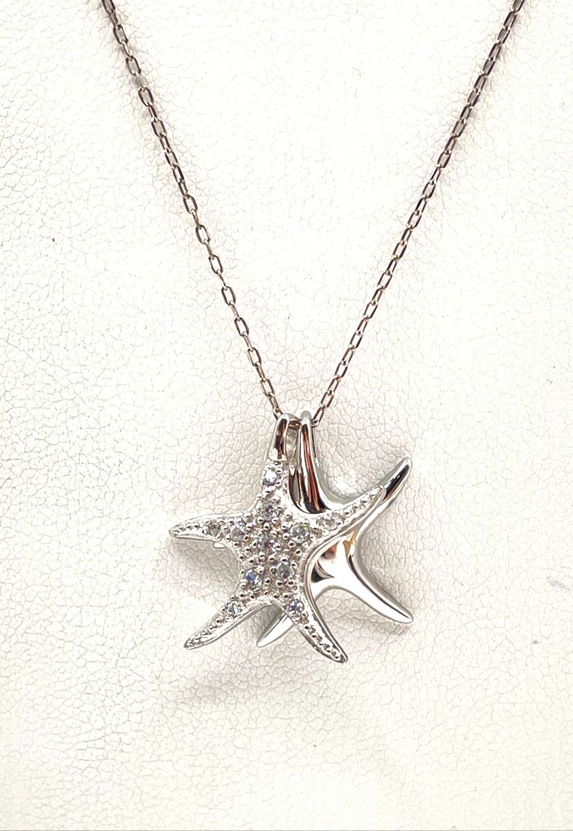 925 Sterling Silver Two Starfish (One W/ CZ Accents) Pendant Necklace 2.9g