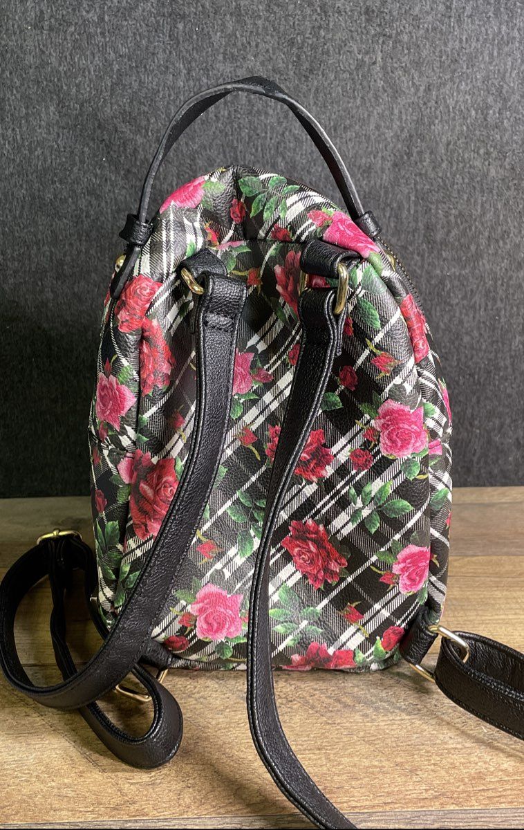 Betsey Johnson Kitsch Mini Backpack Plaid Floral Rose Dog Face Frenchie