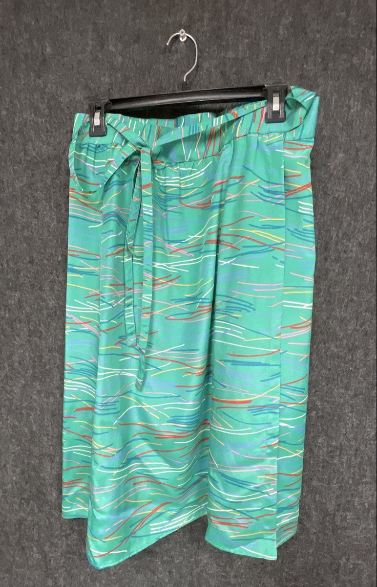 Vintage 90s Liz Claiborne Women's Green Abstract Ruffle Blouse Skirt Set Sz 4