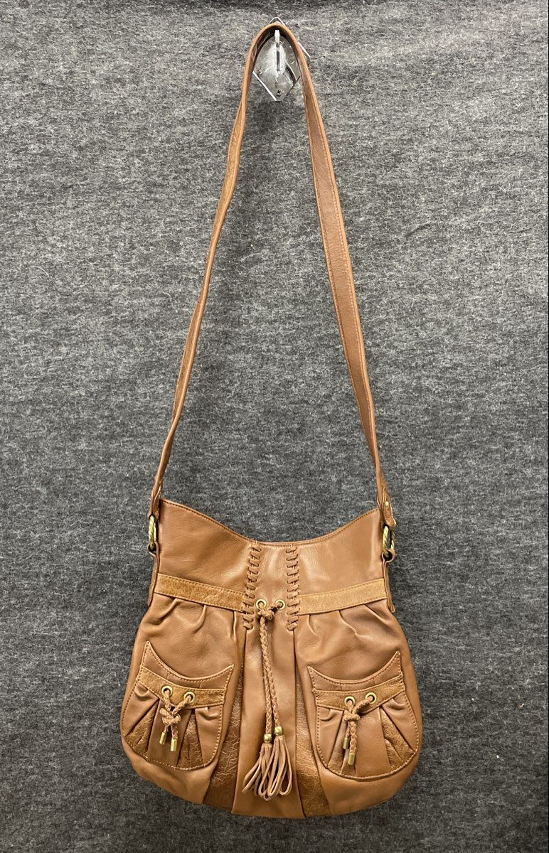 Allison Scott Brown Leather Whipstitch Tassel Hobo Shoulder Bag Large