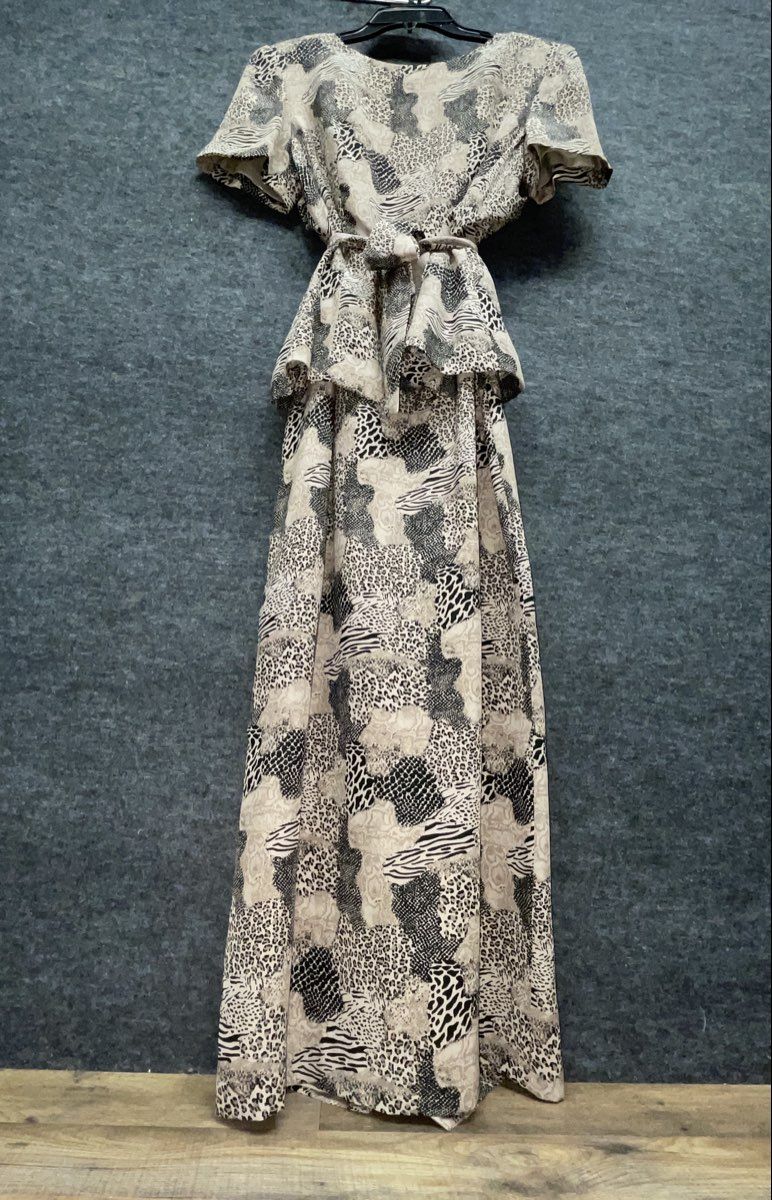 Vintage 90s Mixed Animal Print Peplum Maxi Dress Short Sleeve Back Slit Sz M