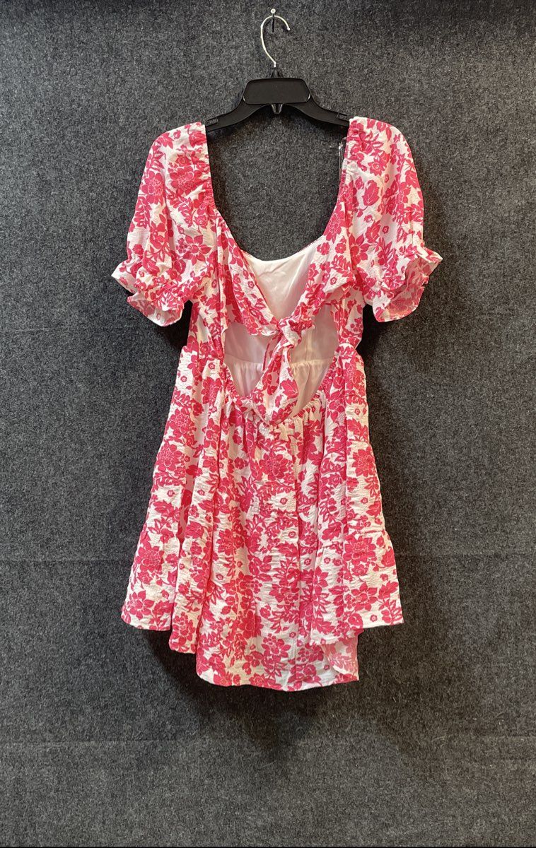 Crystal Doll Women's Pink Floral Puff Sleeve Tiered Open Back Mini Dress Sz L
