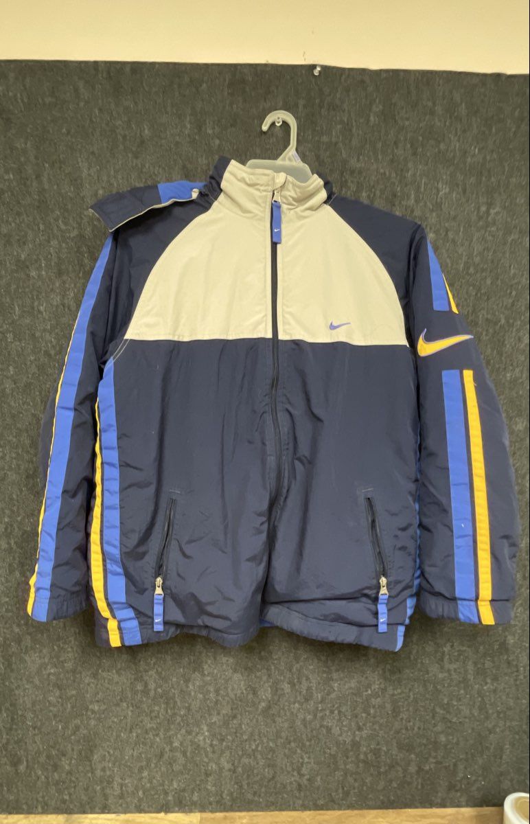Nike Men's Hooded Jacket Navy Tan Blue Colorblock Fleece Lined Y2K