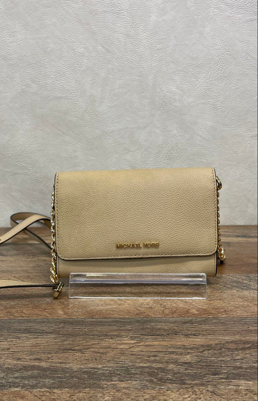 Michael Kors Beige Pebbled Leather Crossbody Wallet Bag Gold Hardware