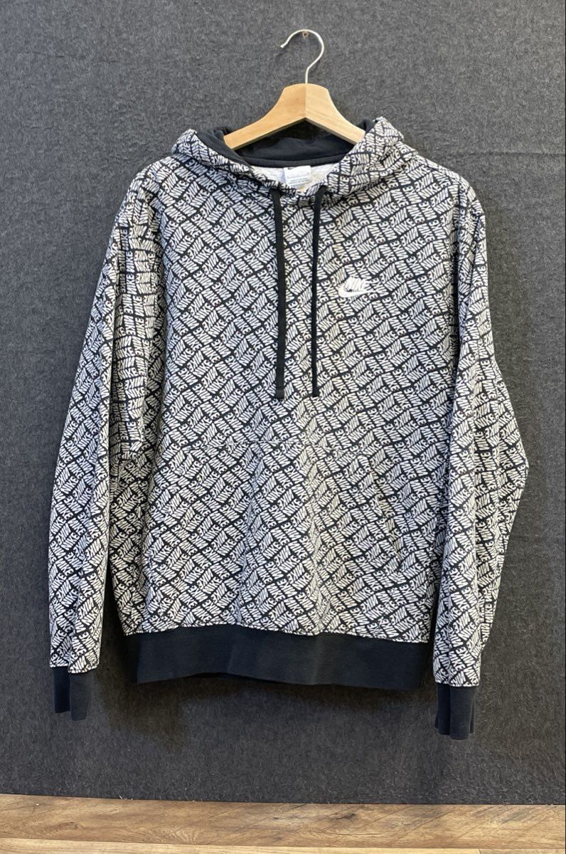 Nike Men's Hoodie Black White All Over Print Logo Pullover Fleece Sz S