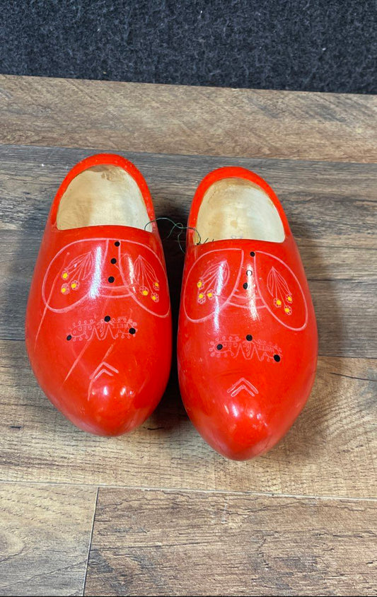 Vintage 90s Dutch Traditional Red Floral Wooden Clogs Klompen Size 28