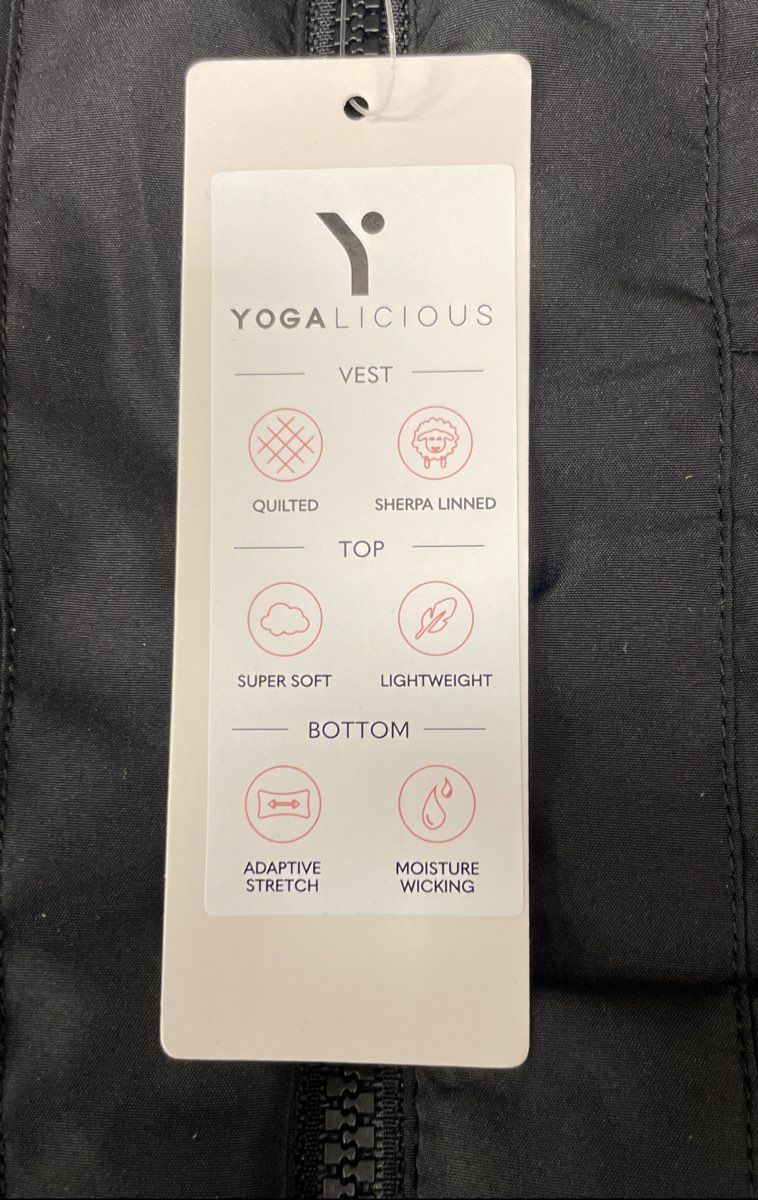 Yogalicious Women's Black Woven Keepin' Cozy Puffer Vest Sherpa Lined NWT Sz L